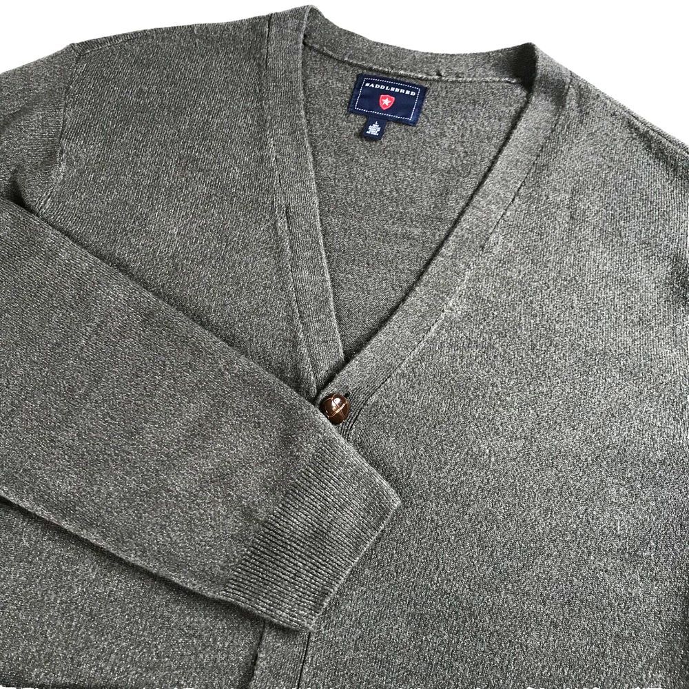 Saddlebred Sweater Mens Sz Lg Gray Cardigan Button Up Long Sleeve Leather Button